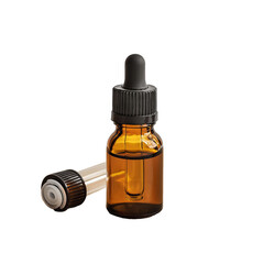 Amber Glass Vial of Essential Oil on Beige Corkboard isolated on white background, png