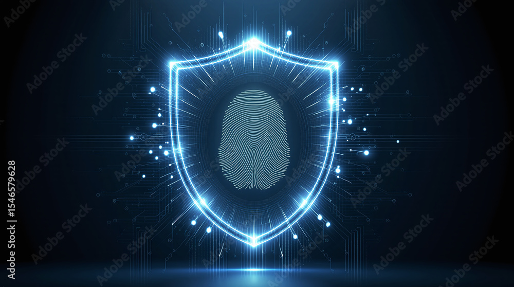 Poster shield icon with a fingerprint in the center, biometric security system interface, glowing circuits,
