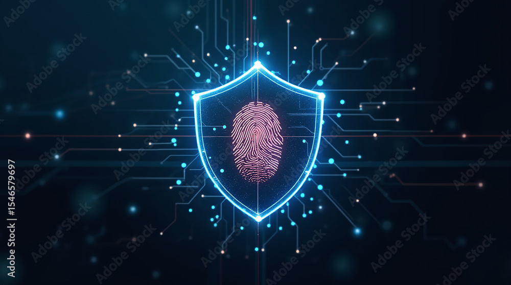 Poster shield icon with a fingerprint in the center, biometric security system interface, glowing circuits,