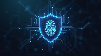 shield icon with a fingerprint in the center, biometric security system interface, glowing circuits, cyber protection, dark theme, privacy technology