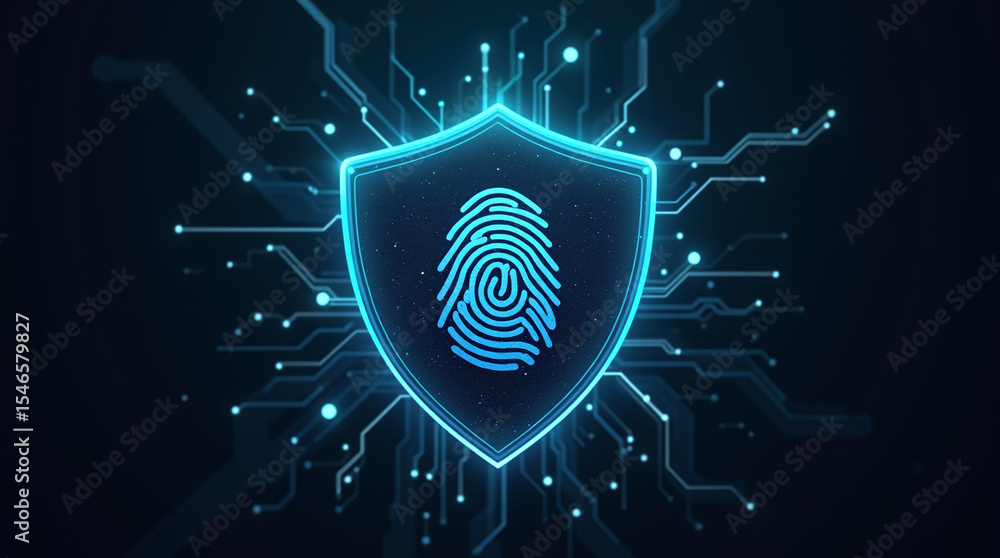 Poster shield icon with a fingerprint in the center, biometric security system interface, glowing circuits,