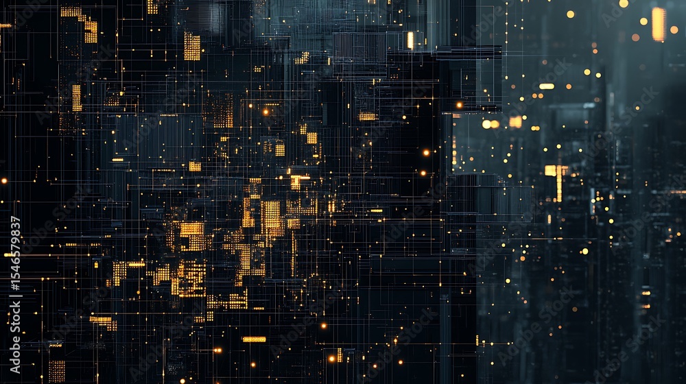 Poster Abstract Digital Circuitry Background, Connected Nodes and Glowing Lines, Data Flowing