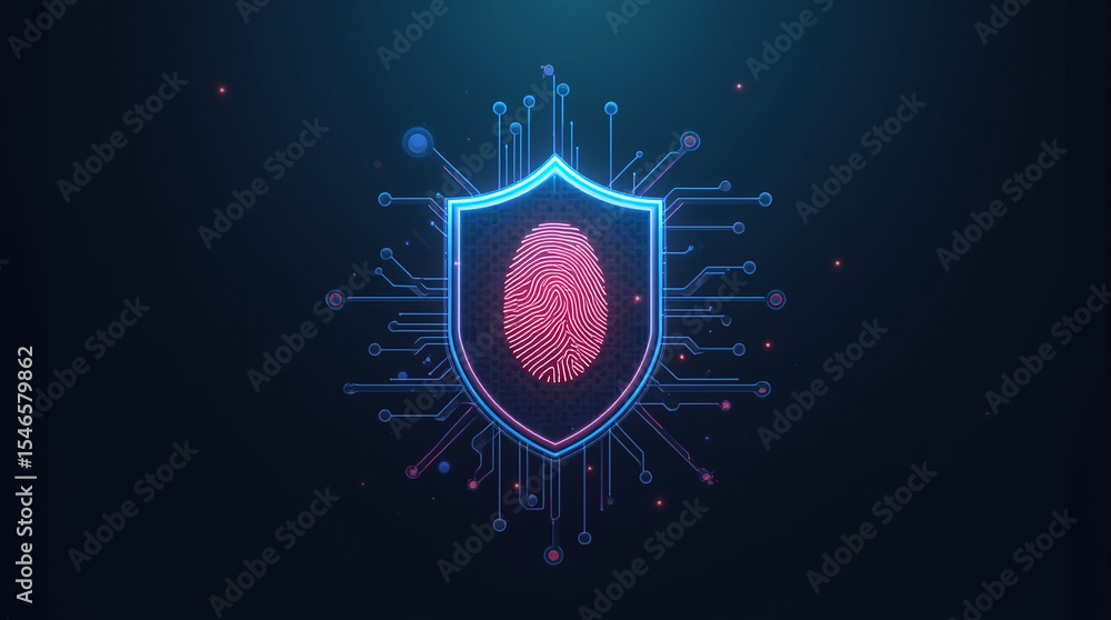 Poster shield icon with a fingerprint in the center, biometric security system interface, glowing circuits,
