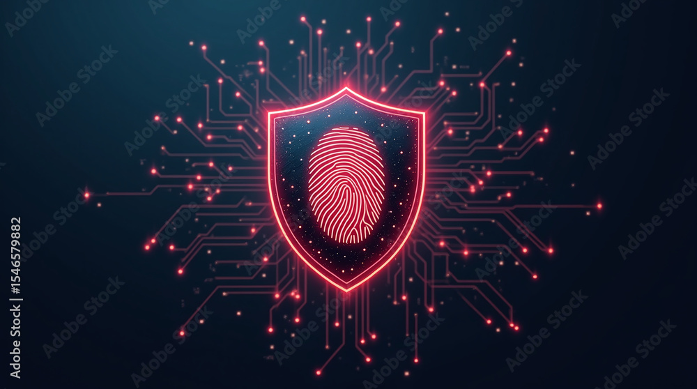 Poster shield icon with a fingerprint in the center, biometric security system interface, glowing circuits,