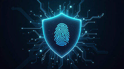 shield icon with a fingerprint in the center, biometric security system interface, glowing circuits, cyber protection, dark theme, privacy technology