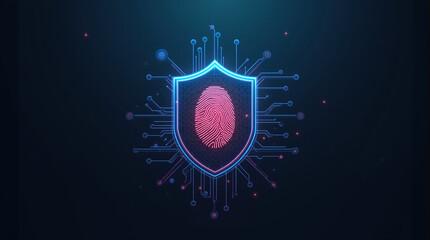 shield icon with a fingerprint in the center, biometric security system interface, glowing circuits, cyber protection, dark theme, privacy technology