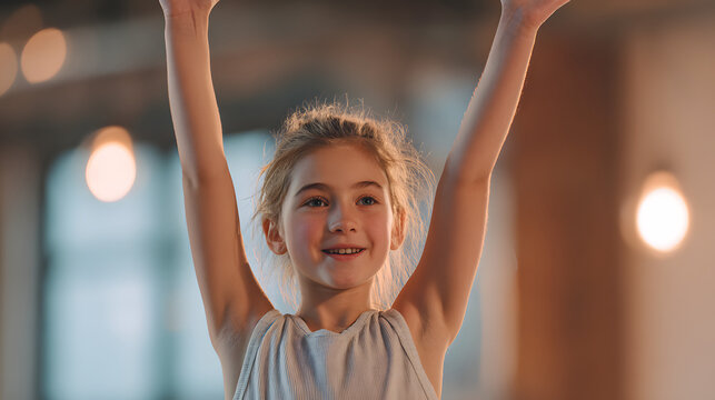 Blonde little gymnast jubilantly raises arms in spotlighted gym.