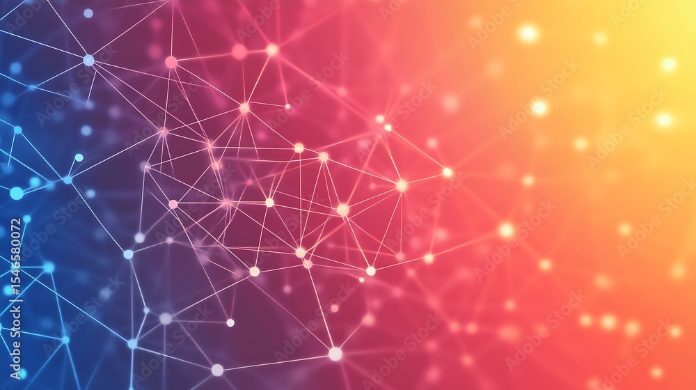 Aufkleber Abstract Network Connection with Glowing Nodes on Blue, Red and Orange Gradient