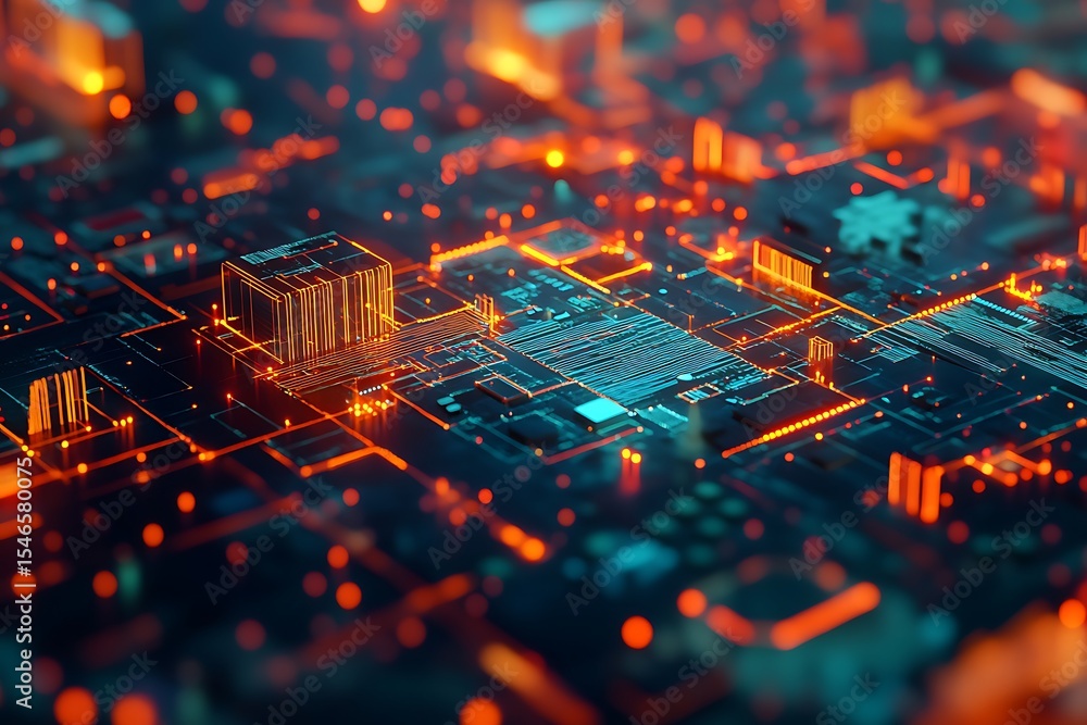 Poster Abstract motherboard pattern with glowing orange circuit paths and nodes futuristic look