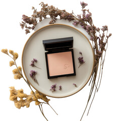 Beige Makeup Compact on Ceramic Plate with Dried Flow isolated on white background, png