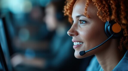 A focused call center agent wearing a headset, smiling while providing support. This image captures the essence of professionalism and positivity in customer service environments.