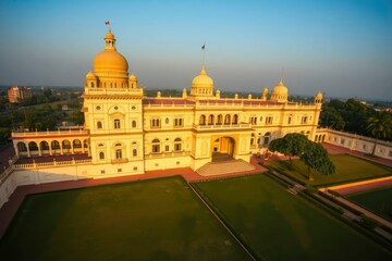 Fototapeta premium An aerial view of the Laxmi Vilas Palace a large ornate building with domes set amidst gardens under a clear sky