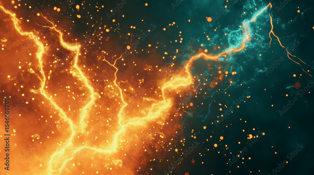 Poster abstract fiery and icy lightning bolts clashing in dark space.
