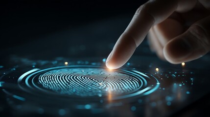 Man scanning his fingerprint on a digital biometric scanner to access a secure computer system, dark tech background, glowing interface, cyber security theme, ultra-realistic, no text, no logo 