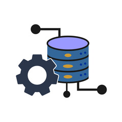 Router icon with gear symbol and database stack, representing system management and network optimization tools
