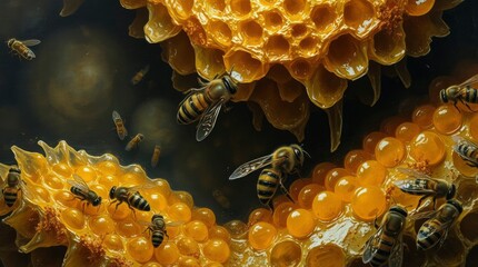 Bees surround honeycombs filled with glistening golden honey in a detailed realistic depiction