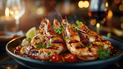 An appetizing platter of grilled shrimp garnished with fresh herbs and vegetables showcases culinary excellence and a vibrant dining experience that highlights indulgence.