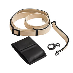 Beige Pet Leash and Harness Set with Black Pouch isolated on white background, png