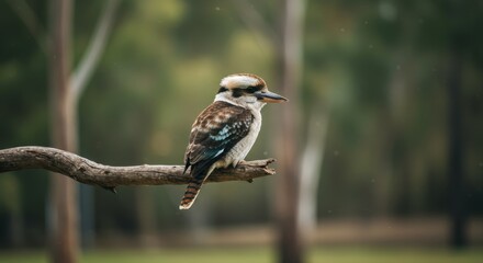 Fototapeta premium Captivating Kookaburra Bird Perched Gracefully on a Branch in Lush Natural Setting