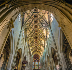 The stunning central nave of the Bern Minster (Berner Münster) in the old city of Bern, Switzerland.
