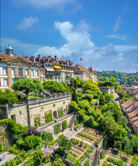 Picturesque view of the steep hillsides surrounding the old town of Bern from the Münsterplatform park, Bern, Switzerland