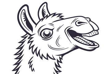 Line art llama head laughing hysterically with its mouth wide open showing teeth