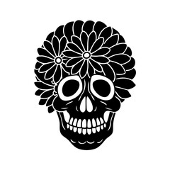 Black Skull with Floral Wreath Design Element flowers