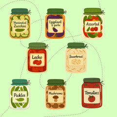 Collection of Hand-Drawn Pickled Vegetables and Preserves in Jars Flat Style Illustration on Transparent Background