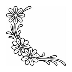 Black and White Floral Corner Design Three Flowers Stems Leaves