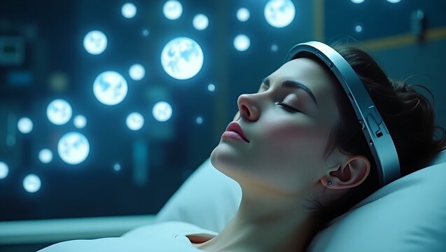 A serene woman of Caucasian descent relaxes with a futuristic headband in a tranquil, illuminated environment.