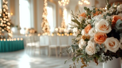 An elegant floral arrangement featuring soft orange and cream roses stands in the foreground, creating a romantic atmosphere in a beautifully lit festive space.