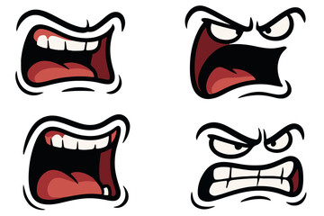 Fototapeta premium Set of cartoon angry mouths showing various expressions of frustration, shouting, and rage, perfect for animation and design projects focused on intense emotions