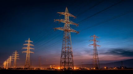 Fototapeta premium Glowing power lines against a deep blue sky, abstract energy infrastructure with dramatic contrast lighting, symbolizing modern urban vitality. 