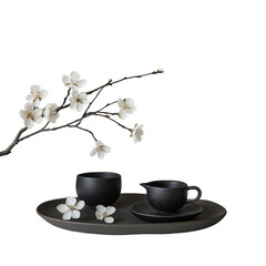 Dark Grey Tabletop Still Life with Black Tea Set isolated on white background, png