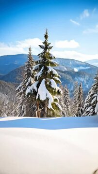 Winter hiking boots stand on snow in the mountains on a clear sunny day in the forest wilderness setting with beautiful landscape