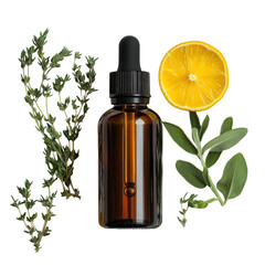 Dark Amber Bottle of Skin Serum with Herbs and Citrus isolated on white background, png