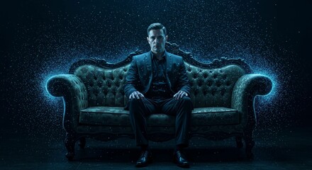 A Mysterious man sits on an ornate couch surrounded by glowing particles