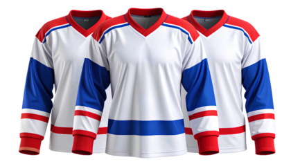 White, Blue, and Red Hockey Jersey Isolated on Transparent Background PNG