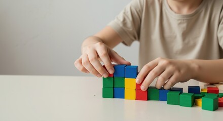 Child building structures with colorful toy blocks on a table  