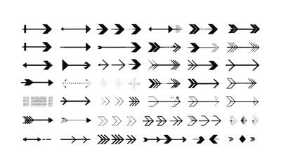 Modern vector illustration set featuring a diverse collection of rightward-facing arrow icons in various, easily editable and scalable.