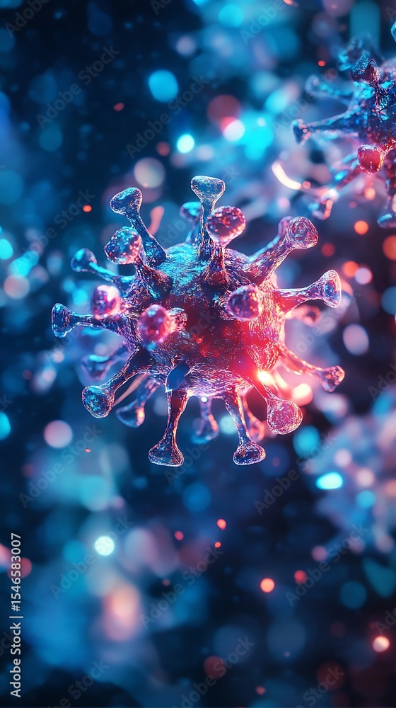 Aufkleber Detailed Virus Rendering with Spikes and Molecular Structure on Bokeh Background