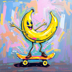  joyful cartoon banana character skateboarding with excitement