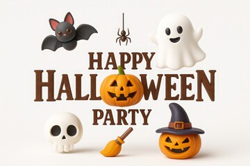 Happy Autumn Season Party with Bat Spider Ghost Pumpkin Skull Broom and Witch Hat a Festive and Playful Decoration