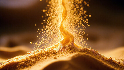 mesmerizing close-up of golden sand particles cascading in mid-air