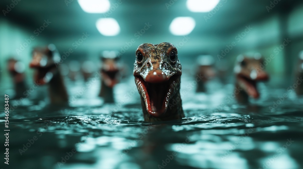 Poster this captivating image shows a group of ducks emerging from a water surface, their mouths wide open,