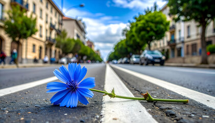 Blue Flower on Urban Street with Trees and Cloudy Sky Background