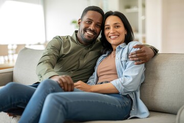 Obraz premium Happy couple sits together on a couch in their living room