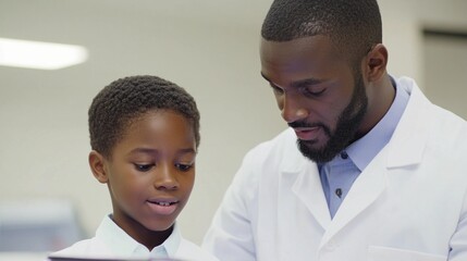 Mentor black man in a lab coat guiding mentee in a collaborative learning session in a laboratory setting