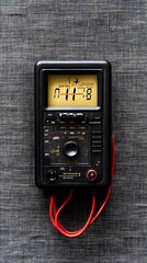 Fototapeta premium Old Black Multimeter Device Showing Number Display on a Checkered Texture Background