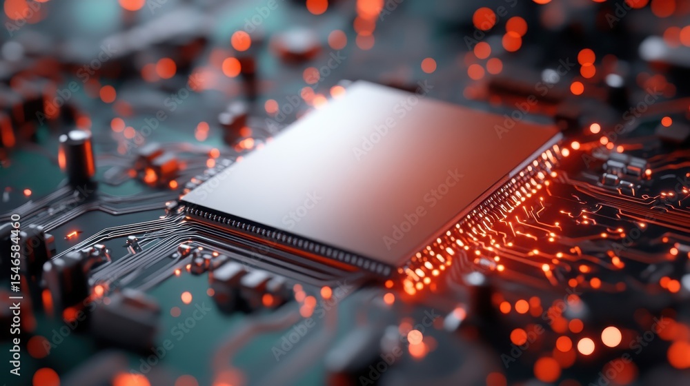 Poster this image showcases a detailed close-up of a microchip on a circuit board, highlighted by glowing r
